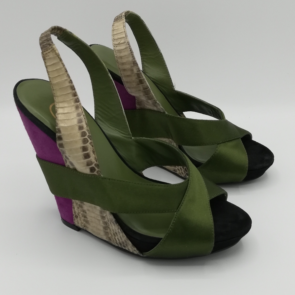 Ash Multicolored Satin Slingback Wedge Sandals 36